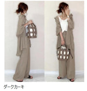 セットアップ 上下セット 2点セット 長袖シャツ ロングシャツ ロングパンツ レディース 女性 婦人服 トップス ボトムス 薄手 前開き 体型カバー 無地 単色 シンプル 上品 きれいめ おしゃれ お出かけ 黒 カーキ 緑