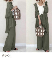セットアップ 上下セット 2点セット 長袖シャツ ロングシャツ ロングパンツ レディース 女性 婦人服 トップス ボトムス 薄手 前開き 体型カバー 無地 単色 シンプル 上品 きれいめ おしゃれ お出かけ 黒 カーキ 緑