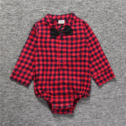 セットアップ ロンパース デニム 長袖 ロングパンツ ズボン シャツ風 チェック 蝶ネクタイ 男の子 女の子 ベビー キッズ 子供服 上下セット トップス ボトムス おしゃれ カッコいい かわいい