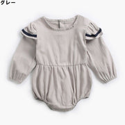 ベビー ロンパース カバーオール 後開き 長袖 袖フリル 丸襟 春・秋・冬 赤ちゃん 女児 ジャンプスーツ かわいい ネイビー グレー レッド
