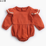 ベビー ロンパース カバーオール 後開き 長袖 袖フリル 丸襟 春・秋・冬 赤ちゃん 女児 ジャンプスーツ かわいい ネイビー グレー レッド