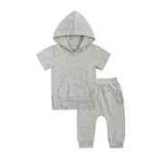 セットアップ 上下セット パーカー 長ズボン キッズ ベビー 子供服 男女兼用 男の子 女の子 半袖 フード プルオーバー ロングパンツ 無地 単色 シンプル カジュアル 定番