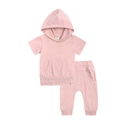 セットアップ 上下セット パーカー 長ズボン キッズ ベビー 子供服 男女兼用 男の子 女の子 半袖 フード プルオーバー ロングパンツ 無地 単色 シンプル カジュアル 定番