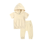 セットアップ 上下セット パーカー 長ズボン キッズ ベビー 子供服 男女兼用 男の子 女の子 半袖 フード プルオーバー ロングパンツ 無地 単色 シンプル カジュアル 定番