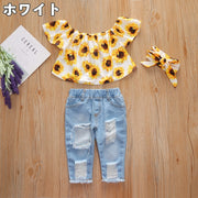 ブラウス デニムパンツ ヘアバンド 3点セット キッズ ベビー 子供 女の子 半袖 ロングパンツ ダメージ加工 切りっぱなし ウエストゴム ヘッドバンド リボン ヒマワリ フラワー 花柄 お洒落 カジュアル お出かけ 普段使い 女児 子供服