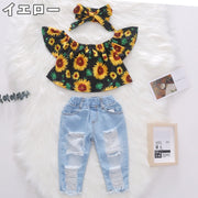 ブラウス デニムパンツ ヘアバンド 3点セット キッズ ベビー 子供 女の子 半袖 ロングパンツ ダメージ加工 切りっぱなし ウエストゴム ヘッドバンド リボン ヒマワリ フラワー 花柄 お洒落 カジュアル お出かけ 普段使い 女児 子供服