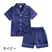 パジャマ 子供用 ルームウェア ベビー キッズ ジュニア 部屋着 寝巻き 上下セット セットアップ 半袖 半ズボン 前ボタン 前開き サテン調 女の子 男の子