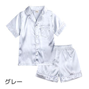 パジャマ 子供用 ルームウェア ベビー キッズ ジュニア 部屋着 寝巻き 上下セット セットアップ 半袖 半ズボン 前ボタン 前開き サテン調 女の子 男の子