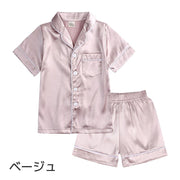 パジャマ 子供用 ルームウェア ベビー キッズ ジュニア 部屋着 寝巻き 上下セット セットアップ 半袖 半ズボン 前ボタン 前開き サテン調 女の子 男の子