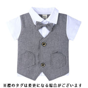 セットアップスーツ 2点セット 半袖 半ズボン ベスト 子供 キッズ 男の子 重ね着風 蝶ネクタイ ストライプ 発表会 結婚式
