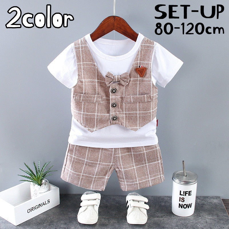 セットアップ 上下 2点セット キッズ ベビー 子供 男の子 トップス ボトムス カットソー Tシャツ 重ね着風 ベスト風 蝶ネクタイ 半袖 ラウンドネック 半ズボン チェック柄 格子柄 お洒落 お出かけ フォーマル 男児 子供服
