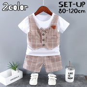 セットアップ 上下 2点セット キッズ ベビー 子供 男の子 トップス ボトムス カットソー Tシャツ 重ね着風 ベスト風 蝶ネクタイ 半袖 ラウンドネック 半ズボン チェック柄 格子柄 お洒落 お出かけ フォーマル 男児 子供服