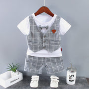セットアップ 上下 2点セット キッズ ベビー 子供 男の子 トップス ボトムス カットソー Tシャツ 重ね着風 ベスト風 蝶ネクタイ 半袖 ラウンドネック 半ズボン チェック柄 格子柄 お洒落 お出かけ フォーマル 男児 子供服