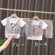セットアップ 上下 2点セット キッズ ベビー 子供 男の子 トップス ボトムス カットソー Tシャツ 重ね着風 ベスト風 蝶ネクタイ 半袖 ラウンドネック 半ズボン チェック柄 格子柄 お洒落 お出かけ フォーマル 男児 子供服