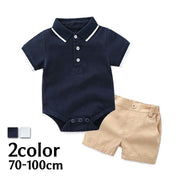 セットアップ 上下セット ロンパース ショートパンツ 2点セット 子供服 ベビー キッズ 男の子 カバーオール 半袖 ポロシャツ風 股スナップボタン おしゃれ かっこいい デイリー 普段使い お出かけ お呼ばれ