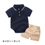 セットアップ 上下セット ロンパース ショートパンツ 2点セット 子供服 ベビー キッズ 男の子 カバーオール 半袖 ポロシャツ風 股スナップボタン おしゃれ かっこいい デイリー 普段使い お出かけ お呼ばれ