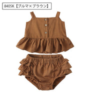 セットアップ 上下セット キャミソール ハーフパンツ ブルマパンツ 子供服 ベビー 赤ちゃん 女の子 ノースリーブ フリル おしゃれ かわいい 無地 単色 ナチュラル ウエストゴム トップス ボトムス 子ども こども 女児 女子 ギフト プレゼント 出産祝い