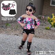 セットアップ ヘアバンド 3点セット キッズ ベビー 子供用 女の子 トップス ボトムス ショートパンツ オフショルダー 花柄 フラワー リボン 短パン お洒落 かわいい お出かけ 普段使い