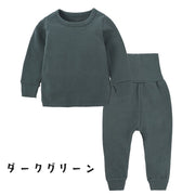 セットアップ 子供服 パジャマ 寝巻 ジュニア 女の子 男の子 長袖 長ズボン ハイウエスト 上下 2点セット 無地 シンプル ルームウェア ラウンドネック