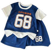 セットアップ 上下セット キッズ ベビー 男の子 女の子 子供服 スポーツウェア 半袖 半ズボン 重ね着風 レイヤード風 薄手 ロゴ 部屋着 ルームウェア ハーフパンツ スポーティー パジャマ 寝巻 普段着 着替え 小学生 幼稚園 保育園 80 90 100 110 120