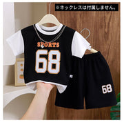 セットアップ 上下セット キッズ ベビー 男の子 女の子 子供服 スポーツウェア 半袖 半ズボン 重ね着風 レイヤード風 薄手 ロゴ 部屋着 ルームウェア ハーフパンツ スポーティー パジャマ 寝巻 普段着 着替え 小学生 幼稚園 保育園 80 90 100 110 120