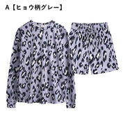 ルームウェア 上下セット レディース 女性 部屋着 長袖 ショートパンツ 短パン プルオーバー プチハイネック マーブル タイダイ ヒョウ柄 かわいい おしゃれ