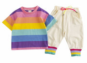 セットアップ 上下セット 2点セット キッズ ベビー 男の子 女の子 半袖 カットソー Tシャツ 長ズボン かわいい ボーダー レインボー 裾リブ トップス  ロングパンツ ボトムス カジュアル 子ども服 80cm 90cm 100cm 110cm 120cm