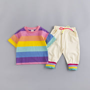 セットアップ 上下セット 2点セット キッズ ベビー 男の子 女の子 半袖 カットソー Tシャツ 長ズボン かわいい ボーダー レインボー 裾リブ トップス  ロングパンツ ボトムス カジュアル 子ども服 80cm 90cm 100cm 110cm 120cm