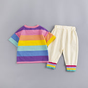 セットアップ 上下セット 2点セット キッズ ベビー 男の子 女の子 半袖 カットソー Tシャツ 長ズボン かわいい ボーダー レインボー 裾リブ トップス  ロングパンツ ボトムス カジュアル 子ども服 80cm 90cm 100cm 110cm 120cm