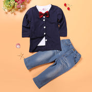 セットアップ 3点セット キッズ ベビー 子供服 男の子 カットソー 半袖 カーディガン 長袖 ロングパンツ デニム ポロカラー 蝶ネクタイ Vネック 赤ちゃん ボーイズ 3ピース カジュアル おでかけ 羽織り ライトアウター 長ズボン