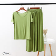 ルームウェア 部屋着 上下セット セットアップ レディース 女性 婦人服 大きいサイズ 半袖 ラウンドネック ウエストゴム ロングパンツ ワイドパンツ 長ズボン Tシャツ ゆったり リラックスウェア 無地 単色 かわいい おしゃれ シンプル 寝巻 ナイトウェア パジャマ 灰 黒 緑 赤 青 ピンク カーキ 茶
