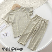 パジャマ ルームウェア 上下 2点セット 子供 キッズ ベビー トップス ボトムス 女の子 男の子 半袖 カットソー ロングパンツ 長ズボン ドット柄 水玉模様 お洒落 可愛い 寝巻き 寝間着