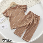 パジャマ ルームウェア 上下 2点セット 子供 キッズ ベビー トップス ボトムス 女の子 男の子 半袖 カットソー ロングパンツ 長ズボン ドット柄 水玉模様 お洒落 可愛い 寝巻き 寝間着