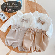セットアップ 上下セット シャツ 半ズボン ハーフパンツ かぼちゃパンツ 蝶ネクタイ 三点セット 赤ちゃん ベビー 男の子 女の子 トップス ボトムス 長そで 長袖 襟付き 丸襟 裾ゴム ゴムウエスト カーキ ベージュ シンプル フォーマル シック 結婚式 入園式 よそ行き ギフト 出産祝い プレゼント