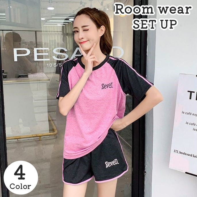 ルームウェア 部屋着 セットアップ 上下セット レディース 女性 カットソー ショートパンツ ハーフパンツ 半袖 丸首 ラウンドネック 短パン ゴムウエスト シンプル カジュアル スポーティ 可愛い ラフ 夏