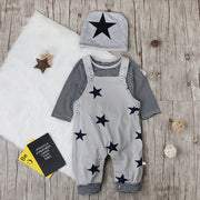 セットアップ 上下 帽子 3点セット 子供 ベビー キッズ 男の子 女の子 ロングTシャツ 長袖 ラウンドネック オーバーオール ロングパンツ 股下ボタン ワッチ ビーニー ぼうし ボーダー柄 星柄 スター カジュアル お洒落 お出かけ 普段使い 子供服 男児 女児 ベビー服