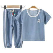 パジャマ 上下セット 子供服 キッズ ベビー 女の子 男の子 半袖 長ズボン 寝間着 部屋着 ルームウェア ロングパンツ プルオーバー ラウンドネック 裾ゴム トップス ボトムス ナイトウェア ウエスト紐 寝巻き くま パンダ 可愛い 女児 男児 こども服