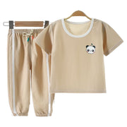 パジャマ 上下セット 子供服 キッズ ベビー 女の子 男の子 半袖 長ズボン 寝間着 部屋着 ルームウェア ロングパンツ プルオーバー ラウンドネック 裾ゴム トップス ボトムス ナイトウェア ウエスト紐 寝巻き くま パンダ 可愛い 女児 男児 こども服