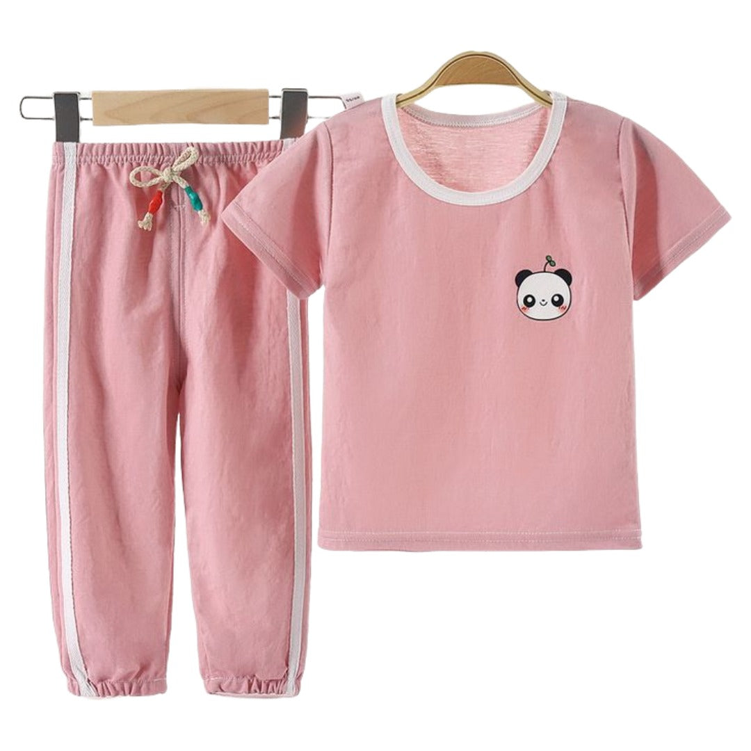 パジャマ 上下セット 子供服 キッズ ベビー 女の子 男の子 半袖 長ズボン 寝間着 部屋着 ルームウェア ロングパンツ プルオーバー ラウンドネック 裾ゴム トップス ボトムス ナイトウェア ウエスト紐 寝巻き くま パンダ 可愛い 女児 男児 こども服