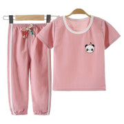 パジャマ 上下セット 子供服 キッズ ベビー 女の子 男の子 半袖 長ズボン 寝間着 部屋着 ルームウェア ロングパンツ プルオーバー ラウンドネック 裾ゴム トップス ボトムス ナイトウェア ウエスト紐 寝巻き くま パンダ 可愛い 女児 男児 こども服