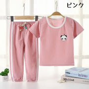 パジャマ 上下セット 子供服 キッズ ベビー 女の子 男の子 半袖 長ズボン 寝間着 部屋着 ルームウェア ロングパンツ プルオーバー ラウンドネック 裾ゴム トップス ボトムス ナイトウェア ウエスト紐 寝巻き くま パンダ 可愛い 女児 男児 こども服
