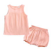 セットアップ 上下セット 2点セット キッズ ベビー 子供服 ノースリーブ ショートパンツ トップス ボトムス 無地 シンプル かわいい カジュアル バックボタン お出かけ 女の子 男の子 赤ちゃん 子ども服 こども服 70cm 80cm 90cm 100cm 110cm