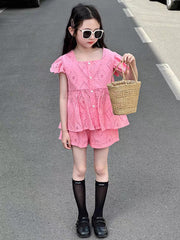 セットアップ 上下セット ブラウス 前後2way ショートパンツ キッズ ベビー 子供服 女の子 ノースリーブ フリル袖 短パン 半ズボン 前開き スクエアネック ウエストゴム カットワーク トップス ボトムス 可愛い 楽ちん 部屋着 ルームウェア 子ども用 女児