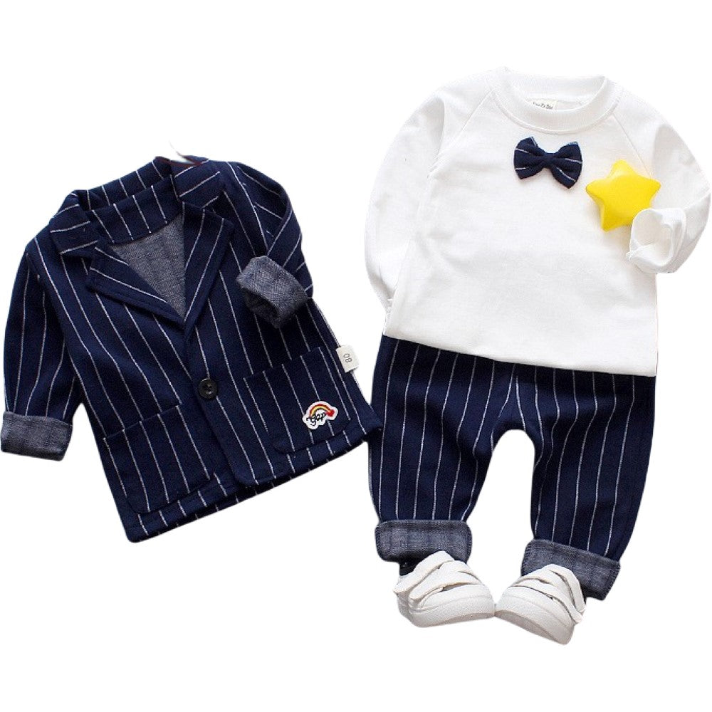 セットアップ 3点セット スーツ トップス トレーナー 長袖 長ズボン ジャケット パンツ キッズ ベビー 子供服 男の子 女の子 おしゃれ かっこいい 蝶ネクタイ ピンストライプ ポケット カジュアル フォーマル きちんと感
