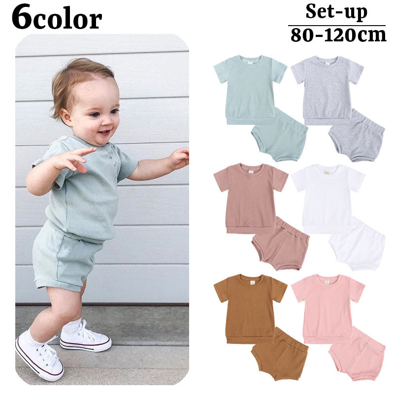 セットアップ 子供服 上下セット キッズ ベビー 男の子 女の子 半袖 カットソー Tシャツ ショートパンツ 短パン リブ ラウンドネック プルオーバー おしゃれ かわいい カジュアル デイリー 部屋着 パジャマ トップス ボトムス 子ども こども 女児 男児