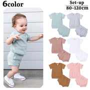 セットアップ 子供服 上下セット キッズ ベビー 男の子 女の子 半袖 カットソー Tシャツ ショートパンツ 短パン リブ ラウンドネック プルオーバー おしゃれ かわいい カジュアル デイリー 部屋着 パジャマ トップス ボトムス 子ども こども 女児 男児