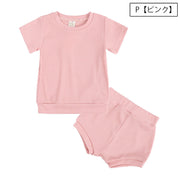 セットアップ 子供服 上下セット キッズ ベビー 男の子 女の子 半袖 カットソー Tシャツ ショートパンツ 短パン リブ ラウンドネック プルオーバー おしゃれ かわいい カジュアル デイリー 部屋着 パジャマ トップス ボトムス 子ども こども 女児 男児
