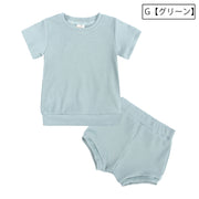 セットアップ 子供服 上下セット キッズ ベビー 男の子 女の子 半袖 カットソー Tシャツ ショートパンツ 短パン リブ ラウンドネック プルオーバー おしゃれ かわいい カジュアル デイリー 部屋着 パジャマ トップス ボトムス 子ども こども 女児 男児
