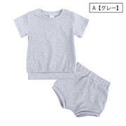 セットアップ 子供服 上下セット キッズ ベビー 男の子 女の子 半袖 カットソー Tシャツ ショートパンツ 短パン リブ ラウンドネック プルオーバー おしゃれ かわいい カジュアル デイリー 部屋着 パジャマ トップス ボトムス 子ども こども 女児 男児