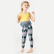 セットアップ 2点セット 子供服 キッズ ベビー 女の子 タンクトップ 長ズボン スパッツ フリンジ へそ出し 短め丈 おしゃれ ラウンドネック タッセル ノースリーブ 上下セット プリント柄 かわいい カジュアル 普段使い デイリー お出かけ